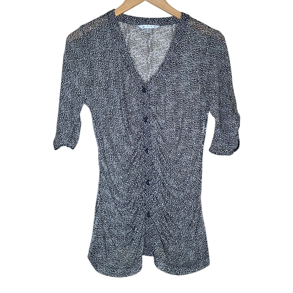 Cabi Womens Ruched Placket Sheer Blouse Pebble Print Black/ Gray Size Medium